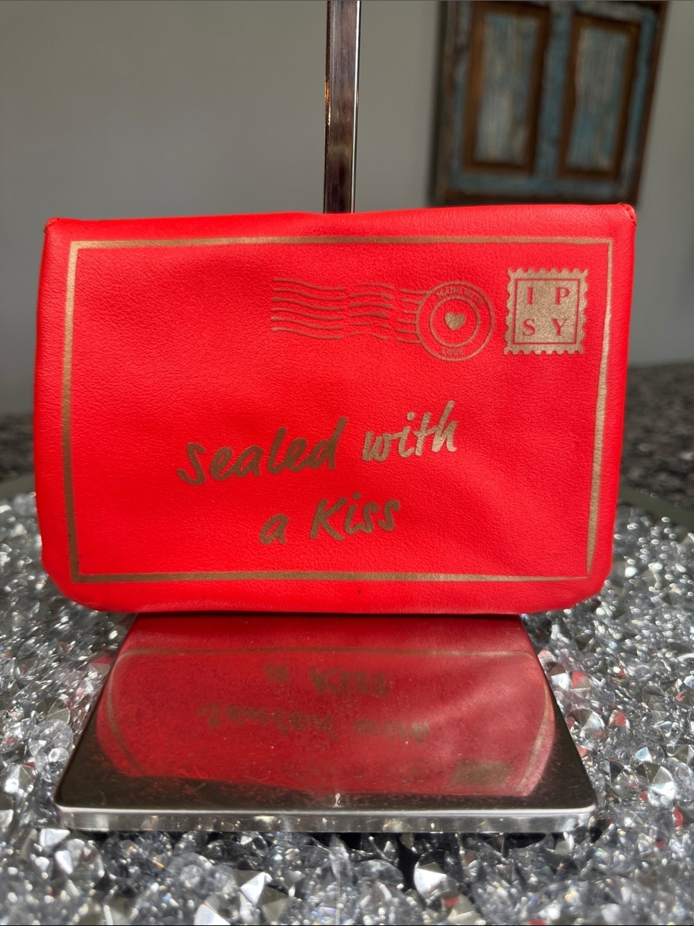 ipsy Red 'Sealed With a Kiss' Gold Lettering Cosmetic Bag